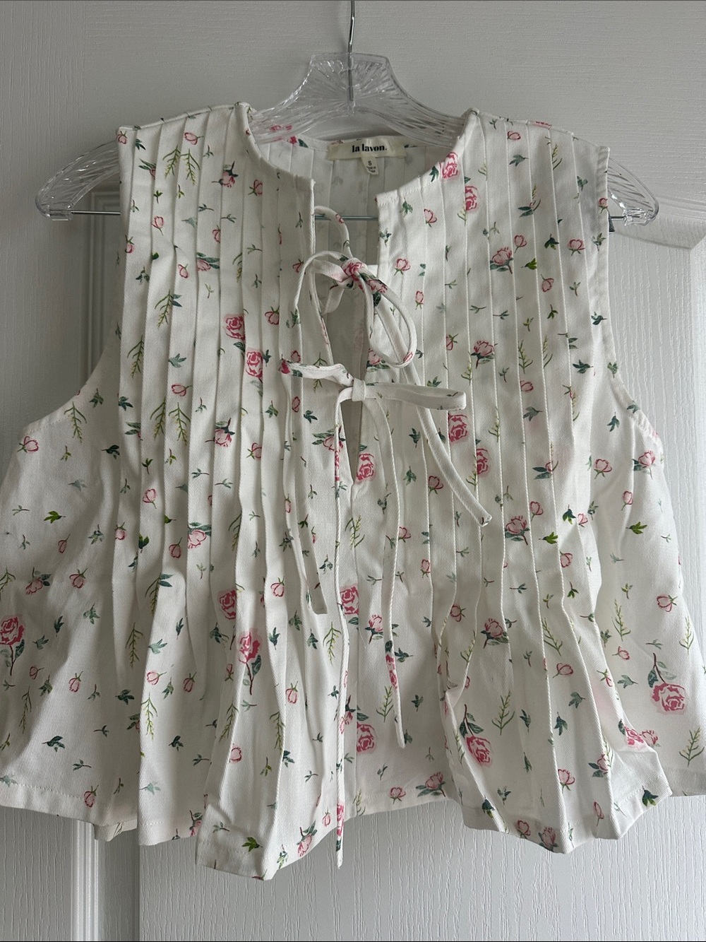 La Laine White Floral Pintuck Tie-Front Camisole